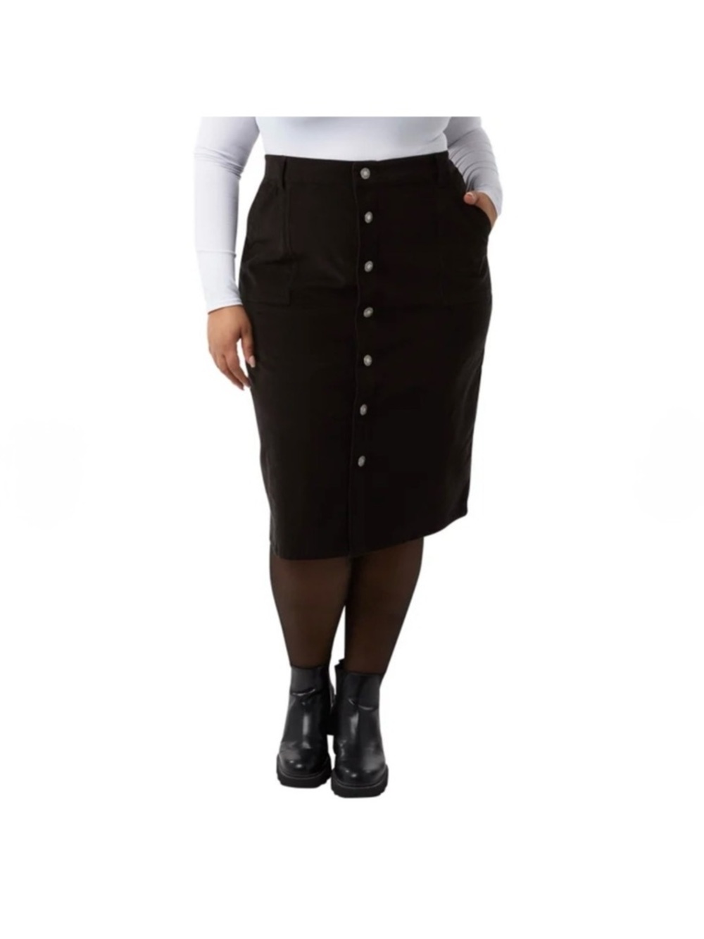 Plus-Size Black Button-Front Pencil Skirt